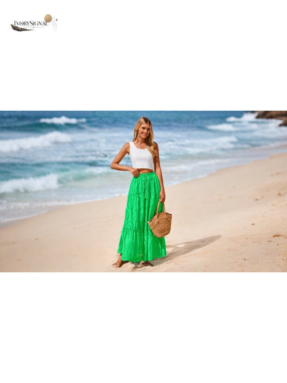 Eyelet Embroidered Maxi Skirt Elastic Waist Flowy A-Line Vacation - Picture 6 of 6